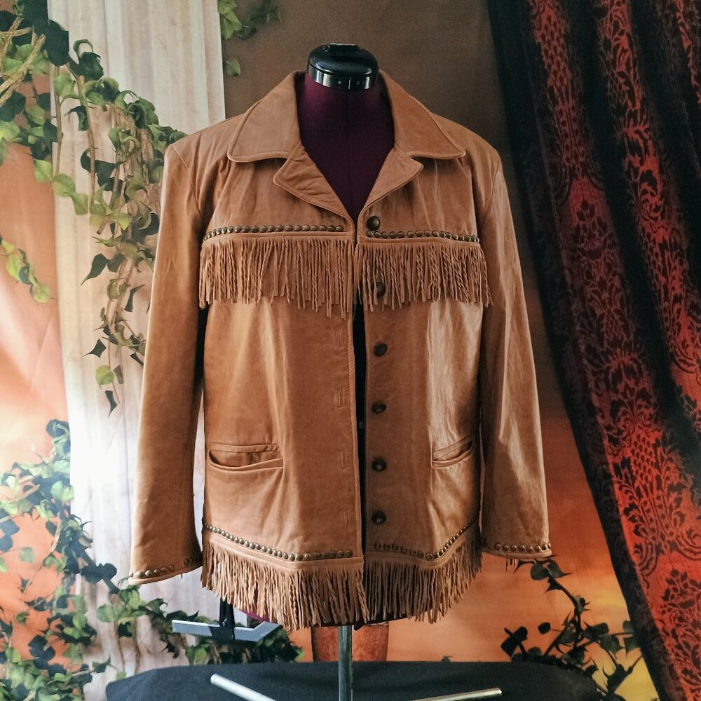 EUC: Double D Ranch Tan Leather Fringe Studded Western Jacket Medium